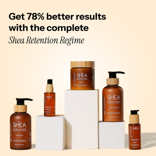 Beauty Garage Shea Retention, highlighting deep hydration, moisture retention, and nourishment for healthy, smooth hair.