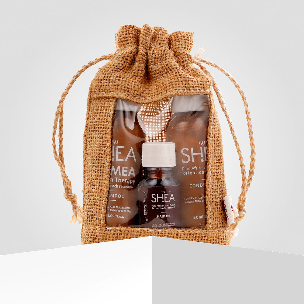 Beauty Garage Shea Retention Mini Travel Kit – Haircare set with shampoo, conditioner, and oil in compact sizes.