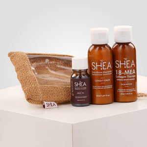 Beauty Garage Shea Retention Mini Travel Kit – Haircare set with shampoo, conditioner, and oil in compact sizes.