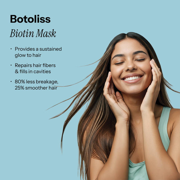 Benefits of Botoliss Biotin Hair Mask. sustains glow, fiber repair, 80% less breakage, 25% smoother hair.