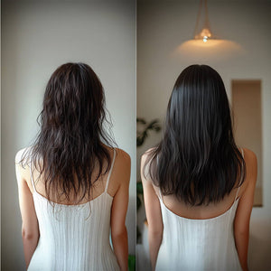 Before and after comparison highlights hair transformation using Botoliss biotin shampoo.