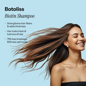 Botoliss Biotin Shampoo model emphasizes benefits: strengthens hair, boosts thickness, and reduces breakage and split ends.