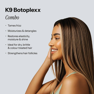 Beauty Garage Botoplexx K9 Combo—model showcasing smooth, strengthened hair with professional frizz control and repair care.