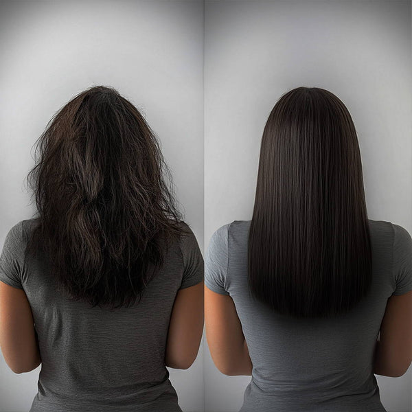 Before and after comparison, the left image reveals frizzy hair, while the right boasts smooth, sleek strands.