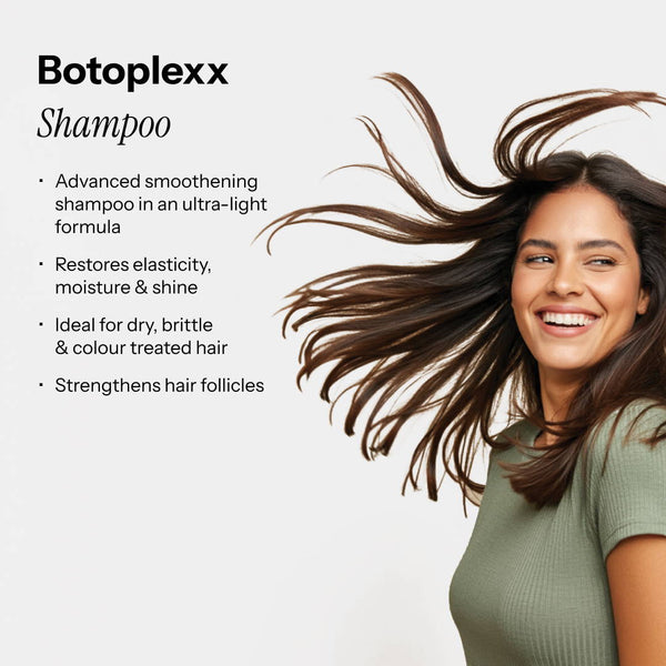 Botoplexx K9 Shampoo, highlighting benefits like smoothing, moisture, elasticity, and strength for treated hair.