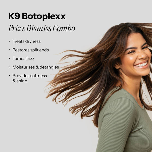 Beauty Garage Botoplexx K9 Frizz Dismiss Combo—model showcasing sleek, frizz-free, and nourished hair with professional care.