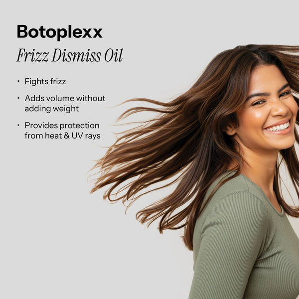 Botoplexx K9 Frizz Dismiss Oil benefits: fighting frizz, and offering protection from heat and UV rays.