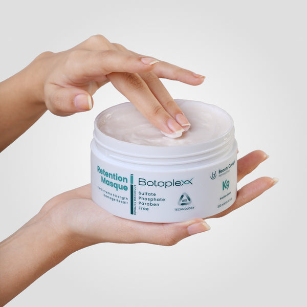 Beauty Garage Botoplexx Retention Masque in hand, highlighting deep conditioning, moisture retention, and hair nourishment.