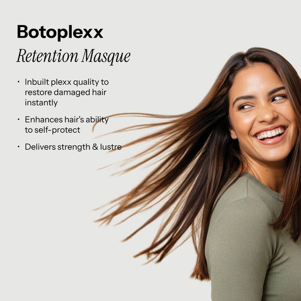Botoplexx Retention Masque model with long hair highlighting its benefits for restoring and protecting hair.