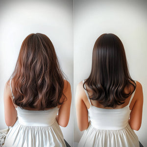 Two images showing the transformative effect of using an electric laser hair growth comb.