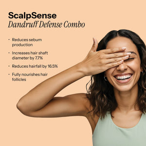 Beauty Garage Scalpsense Dandruff Defense Combo—model showcasing a healthy, flake-free scalp with professional dandruff care.