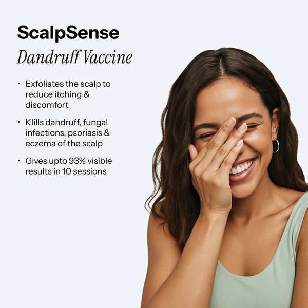 Benefits of the ScalpSense Dandruff Defense Vaccine, highlighting exfoliation, killing dandruff, and 93% visible results .