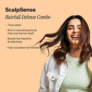 Beauty Garage Scalpsense Hairfall Defense Combo—model showcasing stronger, fuller hair with professional anti-hair fall care.