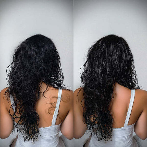 ScalpSense Hairfall Defense Shampoo 200ml before & after, highlighting reduced hair fall, stronger roots, and healthier hair.