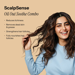 Beauty Garage Scalpsense Oil Out Soothe Combo—model showcasing a fresh, balanced scalp with professional oil-control care.