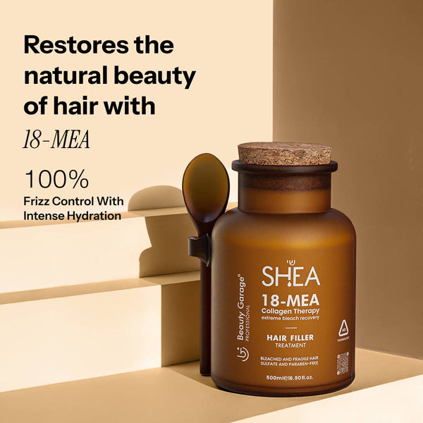 Brown bottle labeled "Shea 18-MEA Collagen Hair Filler Treatment" with spoon, gracefully placed on beige steps.
