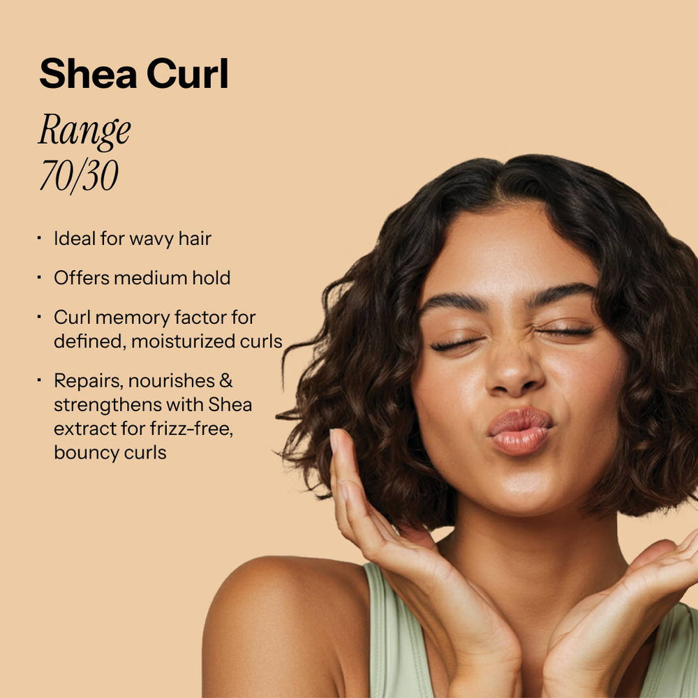 Shea Curl Series 70/30—hydrating blend with 70% cream, 30% oil for defined curls, moisture balance, and frizz control.