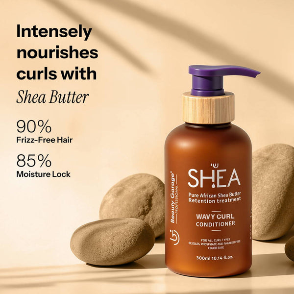 Shea Retention curl conditioner highlighting a lifestyle choice that promises 90% frizz-free hair and an 85% moisture lock