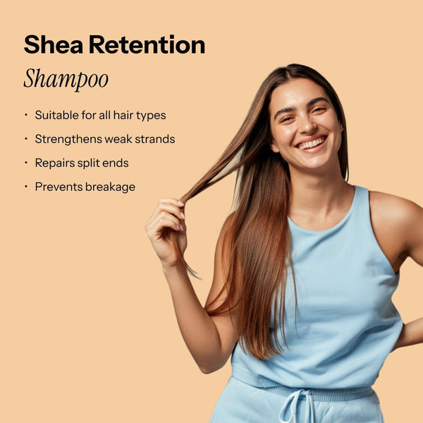 A smiling model with long hair looks at the camera. Shea Retention Shampoo, suitable for all hair types.