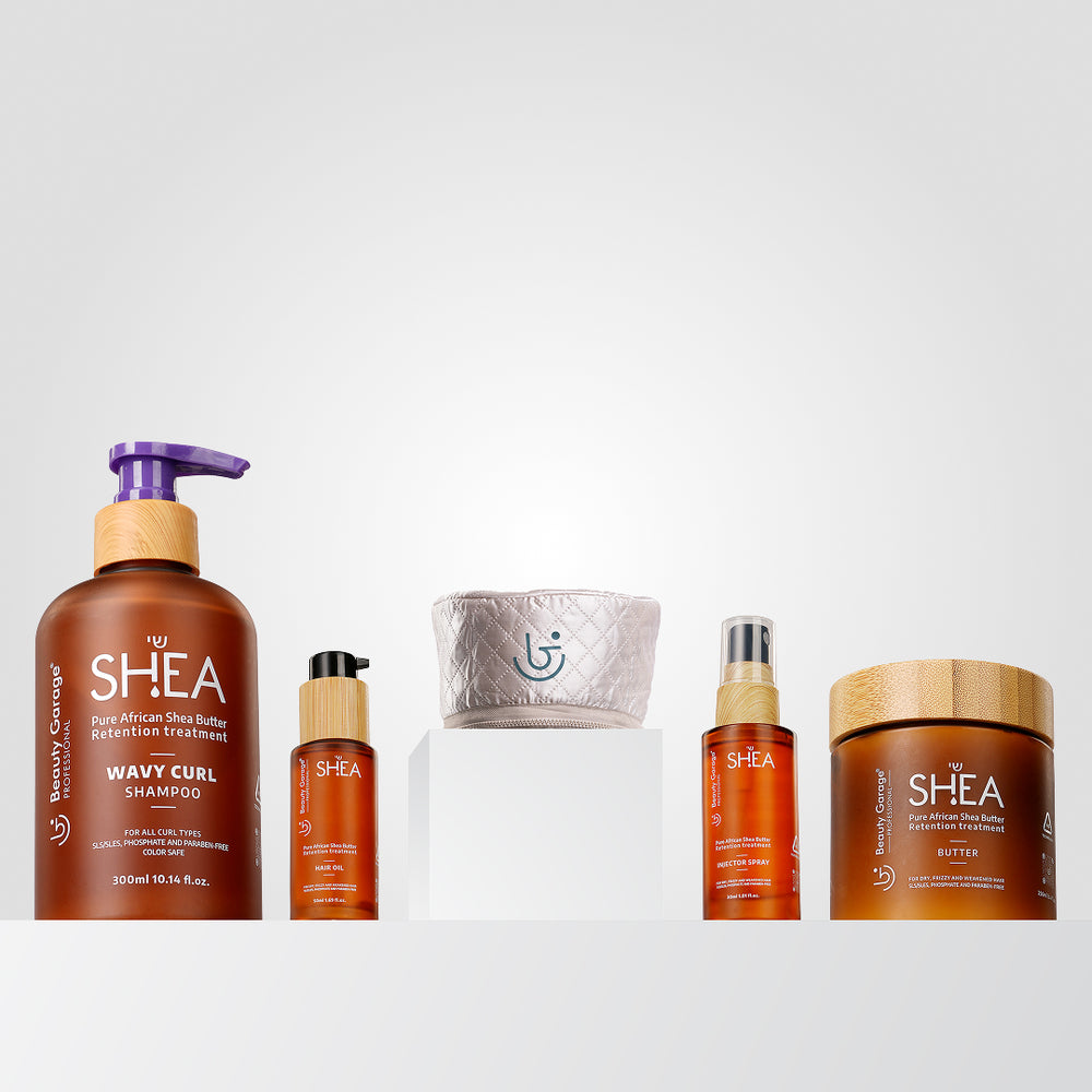 Shea wavy curl combo pack of 5 with shampoo, oil, cap injector, spray, and butter mask for curly and wavy hair care