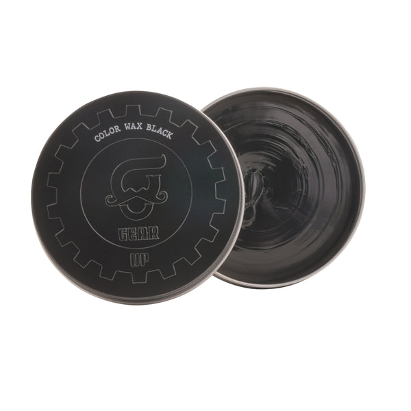 Open jar of Beauty Garage Gear Up Black Color Wax – Strong hold hair wax for men with bold black tint and lasting style.