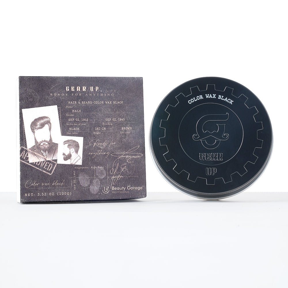Open jar of Beauty Garage Gear Up Black Color Wax – Strong hold hair wax for men with bold black tint and lasting style.