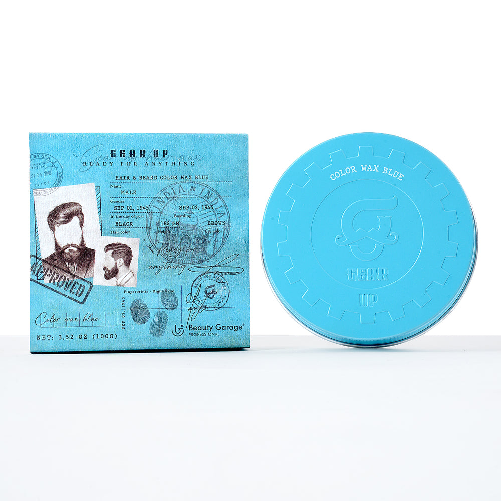 Beauty Garage Gear Up Blue Color Wax 100g – Bold blue hair wax for men with strong hold, vibrant tint, and smooth finish.