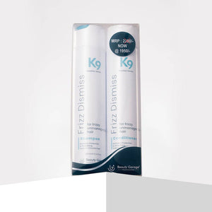 K9 Frizz Dismiss Combo Pack, formulated to smooth and tame frizz, leaving hair soft, manageable, and frizz-free.