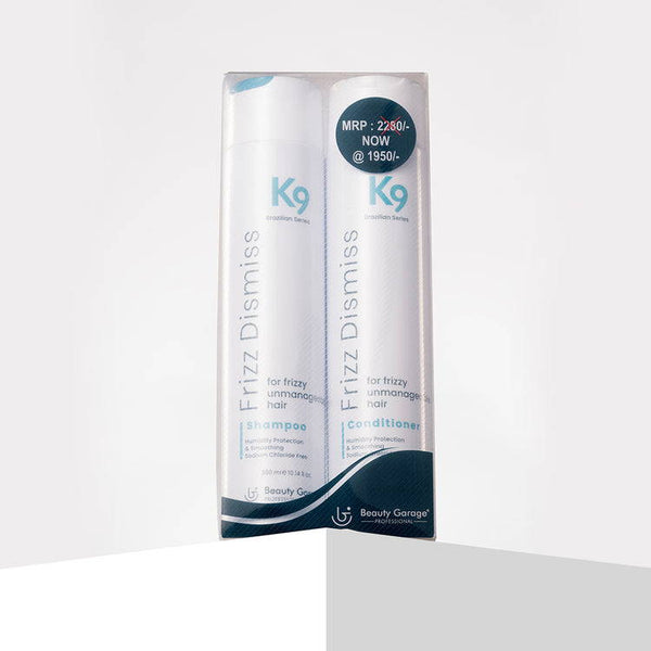 K9 Frizz Dismiss Combo Pack, formulated to smooth and tame frizz, leaving hair soft, manageable, and frizz-free.
