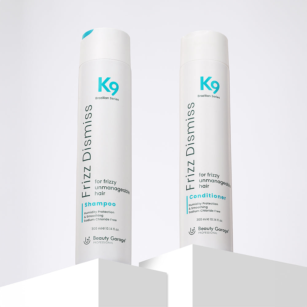 K9 Frizz Dismiss Combo Pack, formulated to smooth and tame frizz, leaving hair soft, manageable, and frizz-free.