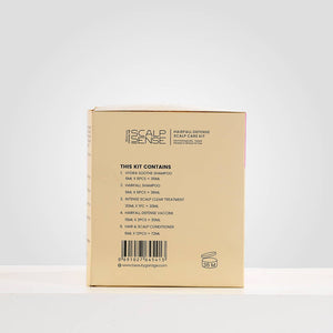 Back view of ScalpSense Hairfall Defense Scalp Care Kit with ingredients & usage details for hairfall control | Beauty Garage