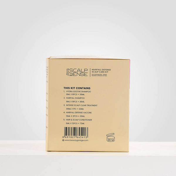 Back view of ScalpSense Hairfall Defense Scalp Care Kit with ingredients & usage details for hairfall control | Beauty Garage