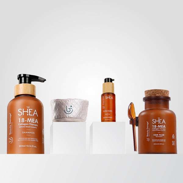 Shea 18-MEA Collagen Therapy Shampoo, Hair Filler, Retention Hair Oil & Heating Cap for deep hair repair and nourishment