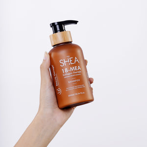 Shea 18-MEA Collagen Therapy Shampoo – Gently cleanses while restoring hair strength and moisture.