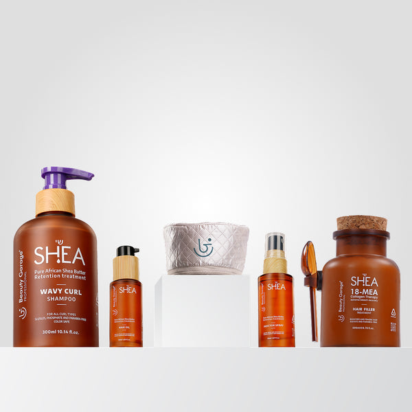 Shea Curl Shampoo, Hair Oil, Spray, Heating Cap & Hair Filler Combo for deeply nourished, defined, and healthy curls.