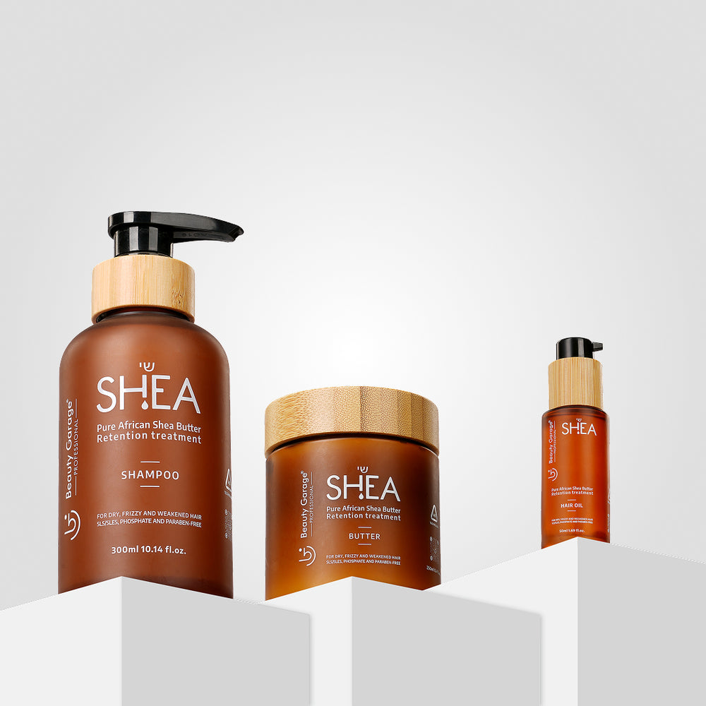 Shea retention combo with shampoo, butter, and oil for deep nourishment, hydration, and healthy hair care.
