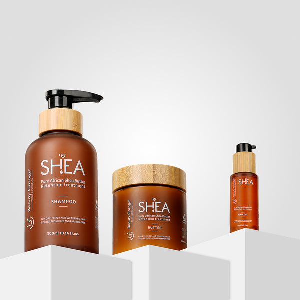 Shea retention combo with shampoo, butter, and oil for deep nourishment, hydration, and healthy hair care.