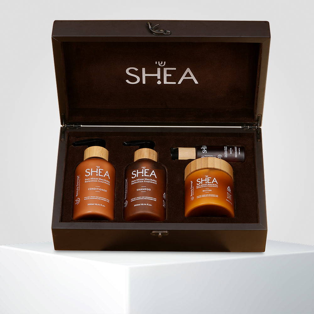 Shea retention hair care set – pack of 4 with shampoo, conditioner, oil, and butter for deep nourishment and hydration.