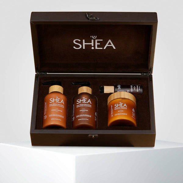 Shea retention gift pack of 4 with shampoo, conditioner, oil, and butter for deep nourishment and hair hydration.