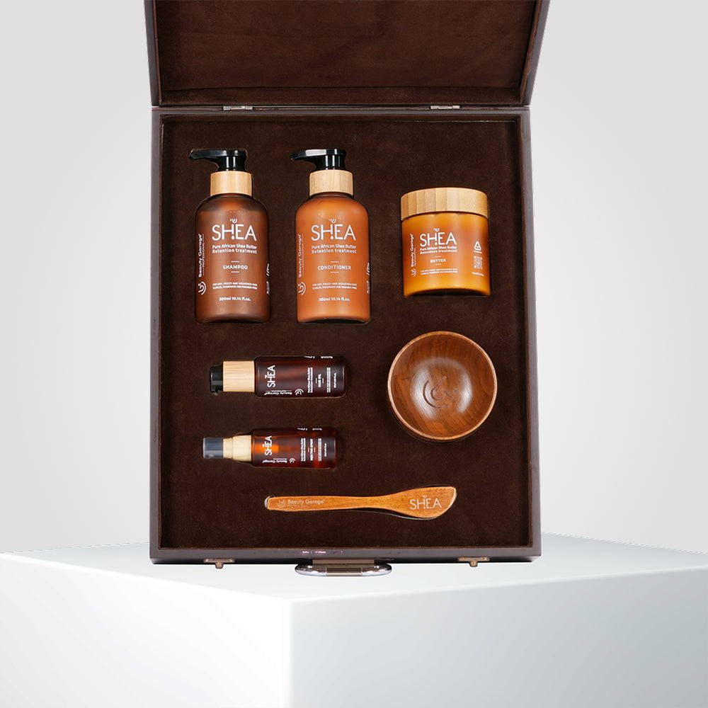 Shea retention hair care set – includes shampoo, conditioner, butter, oil, spray, and bowl for deep nourishment and hydration