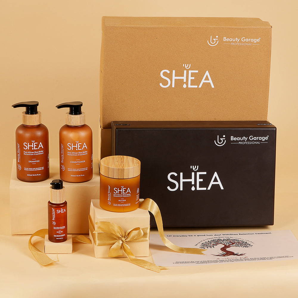 Shea retention hair care set – pack of 4 with shampoo, conditioner, oil, and butter for deep nourishment and hydration.