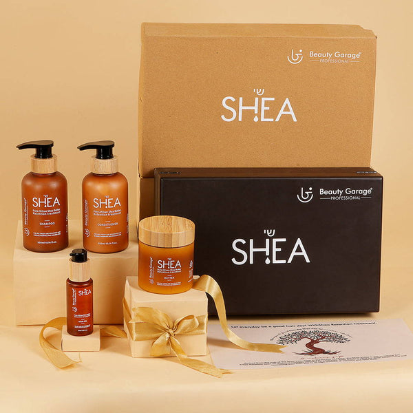 Shea retention hair care set – pack of 4 with shampoo, conditioner, oil, and butter for deep nourishment and hydration.