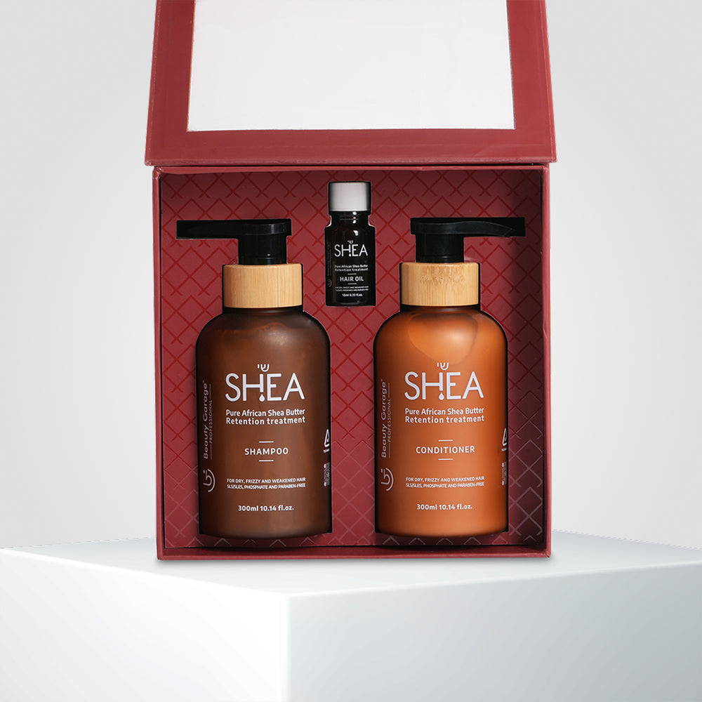 Shea retention set with shampoo, conditioner, oil, and gift card for deep nourishment and the perfect self-care gift.