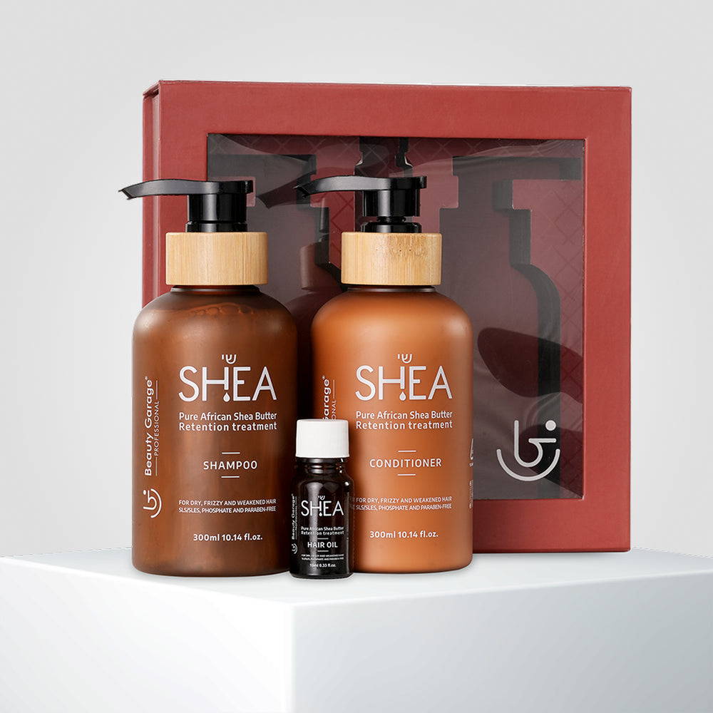 Shea retention set with shampoo, conditioner, oil, and gift card for deep nourishment and the perfect self-care gift.