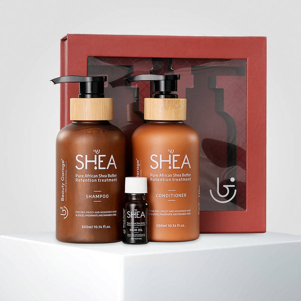Shea retention set with shampoo, conditioner, oil, and gift card for deep nourishment and the perfect self-care gift.