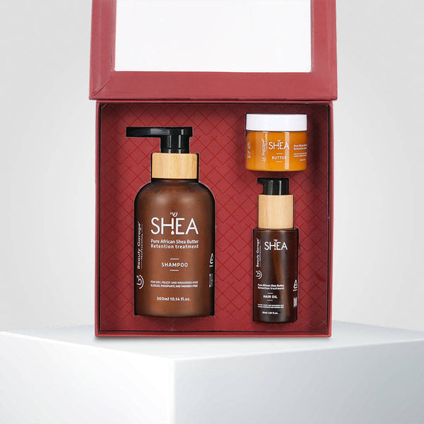 Shea retention hair care set with shampoo, oil, butter, and a gift card in an box for deep nourishment and a perfect gift.