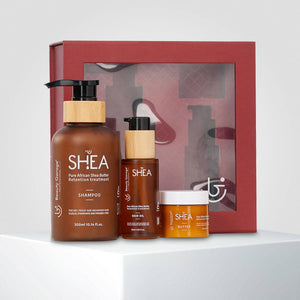 Shea retention hair care set with shampoo, oil, butter, and a gift card for deep nourishment and the perfect self-care treat.