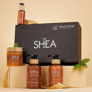Shea retention hair care set – pack of 4 with shampoo, conditioner, butter, and oil for deep nourishment and hydration.