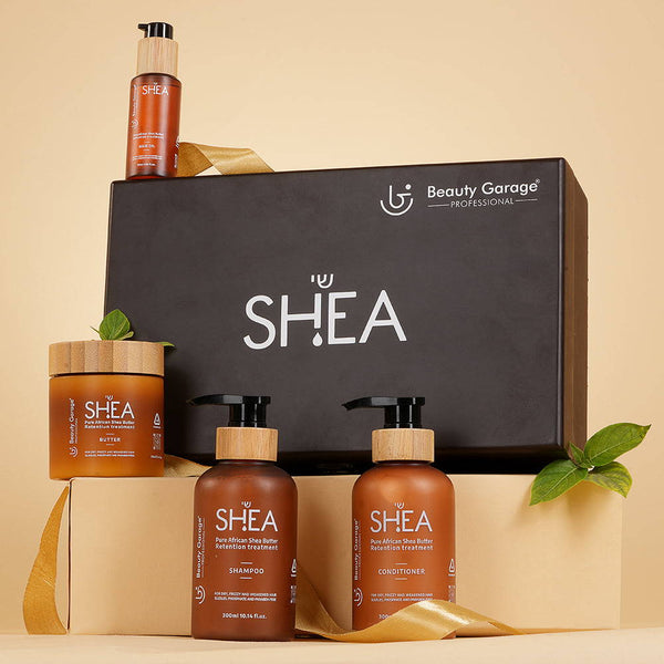 Shea retention hair care set – pack of 4 with shampoo, conditioner, butter, and oil for deep nourishment and hydration.