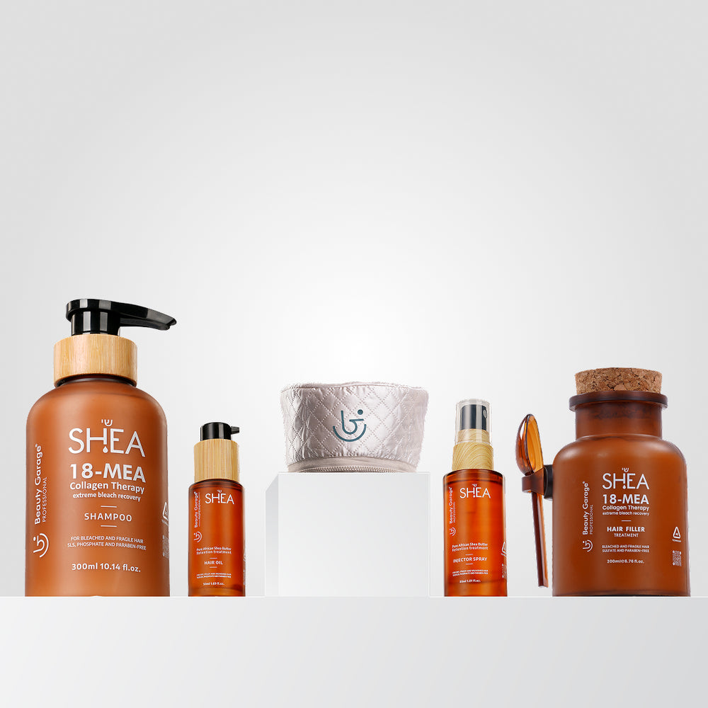 Shea Collagen Shampoo, Hair Filler, Hair Oil, Spray & Heating Cap Combo for deep nourishment and strong, healthy hair.